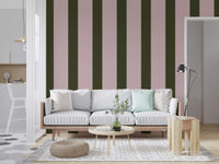 Olive Green and Dusty Rose Vertical Stripe Wallpaper⁠