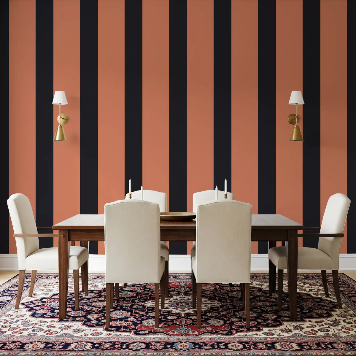 Burnt orange and charcoal stripe wallpaper in a dining room with cream chairs and a Persian rug GD12439