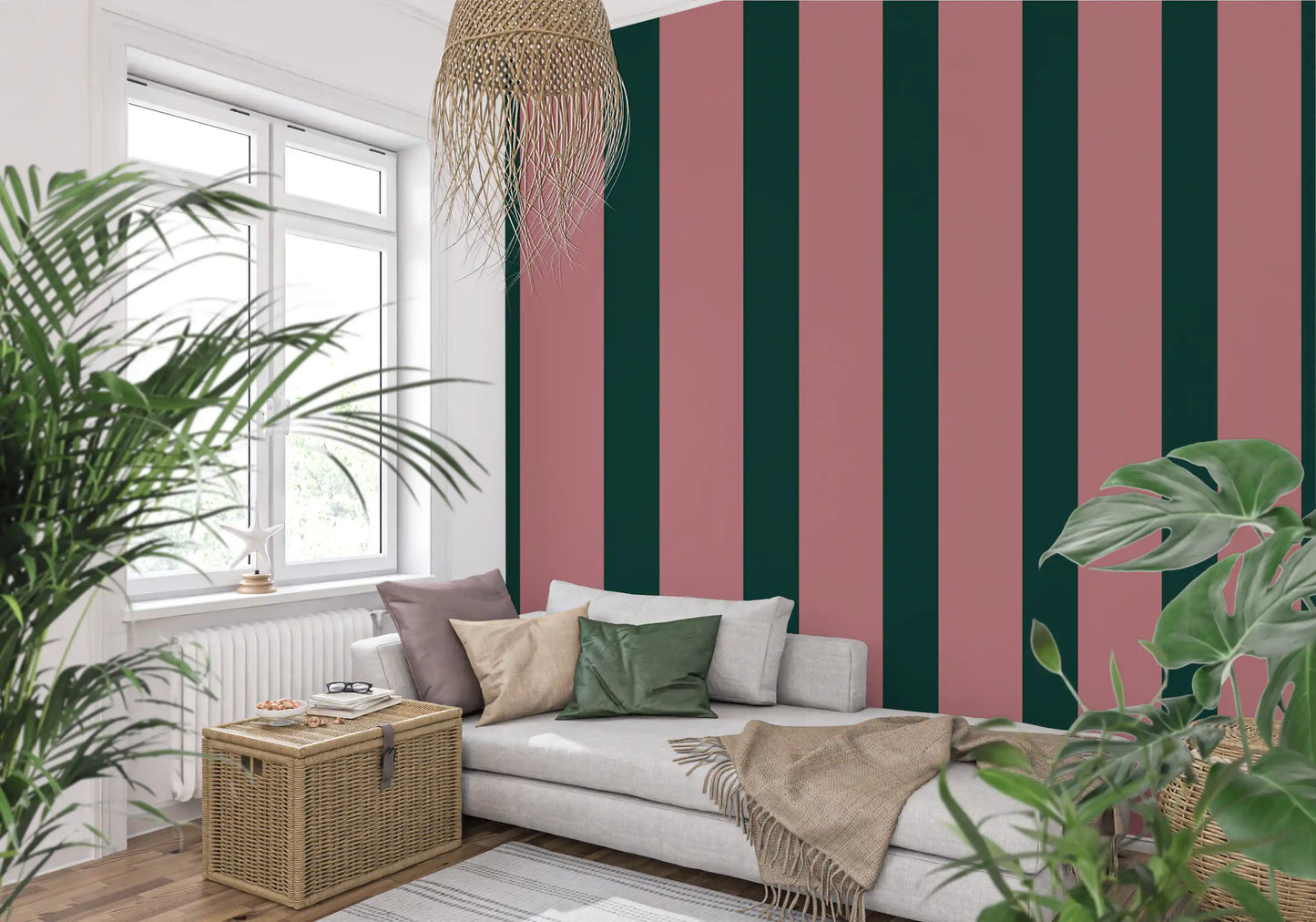 Deep Forest and Dusky Pink Vertical Stripes Wallpaper⁠