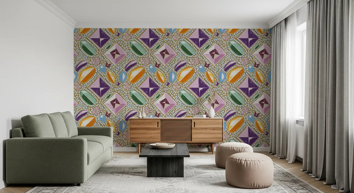 Pastel gemstone wallpaper accenting a green sofa and wooden sideboard GD12449