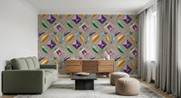 Pastel gemstone wallpaper accenting a green sofa and wooden sideboard GD12449