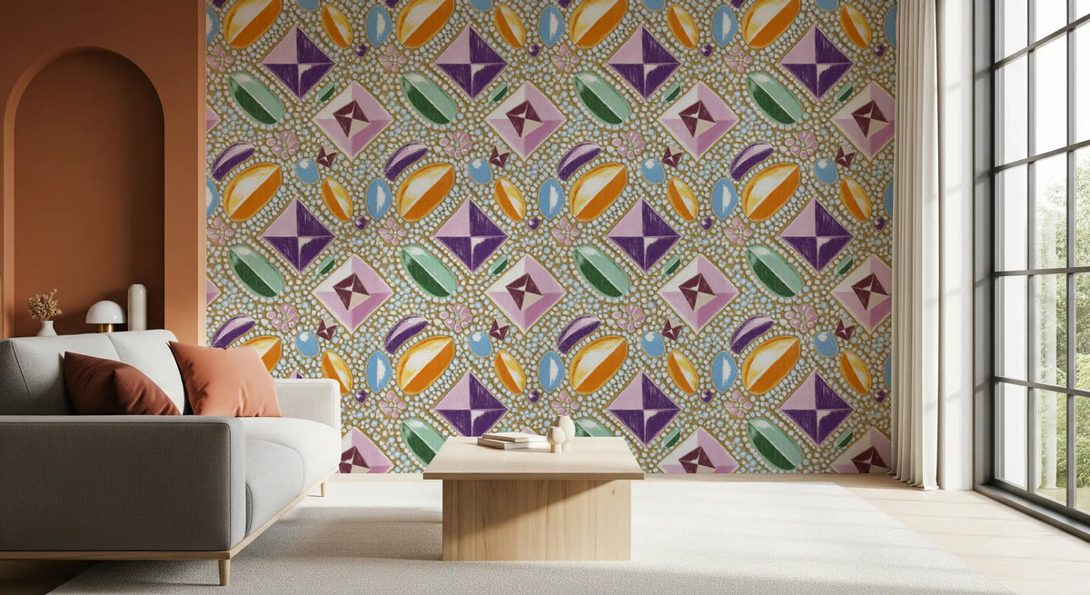 Royal gemstones pink pastel wallpaper behind a grey sofa in a rust-toned living room GD12449
