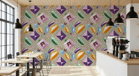 Pastel gemstone wallpaper in a bright cafe nook with a coffee bar and pendant lights GD12449