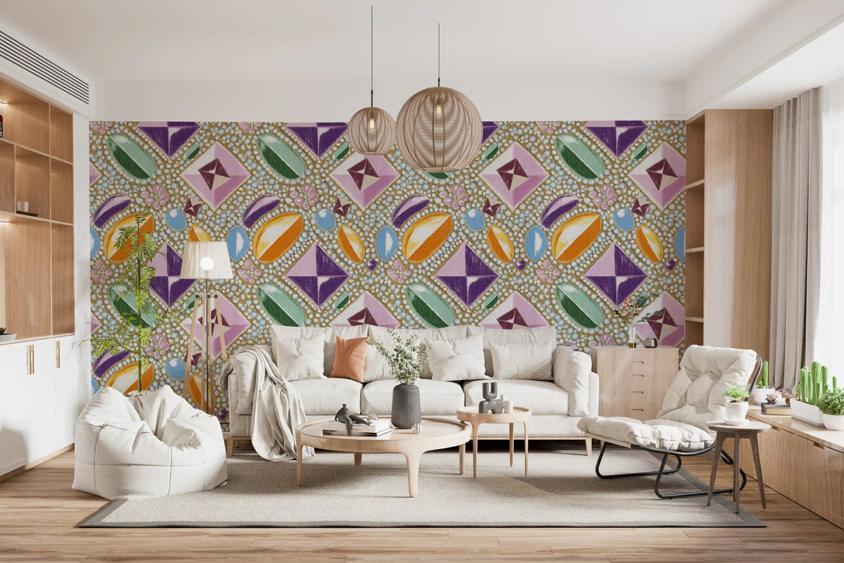 Royal gemstones pink pastel wallpaper in a white sofa living room with pendant lights GD12449