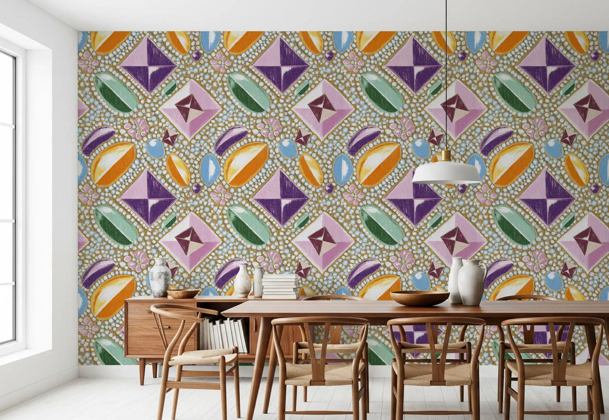 Royal gemstones pink pastel wallpaper framing a wooden dining table and chairs GD12449