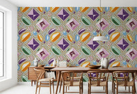 Royal gemstones pink pastel wallpaper framing a wooden dining table and chairs GD12449