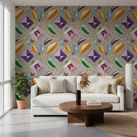 Royal gemstones pink pastel wallpaper behind a white sofa and round wooden table GD12449