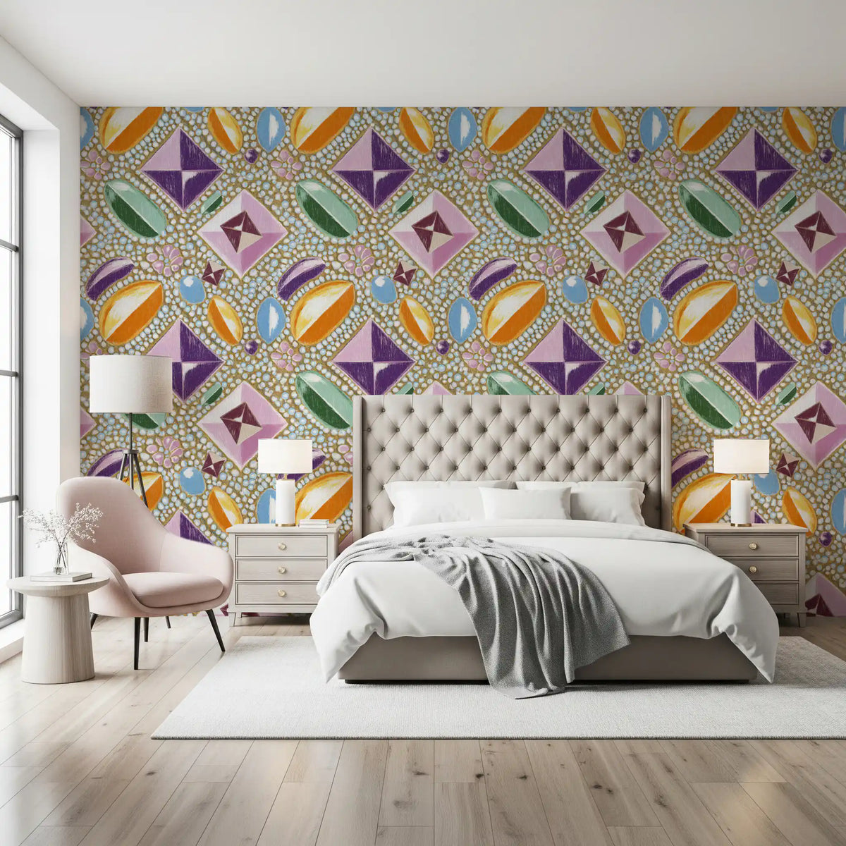 Gemstone mosaic wallpaper above a cream bed with a soft pink armchair GD12449
