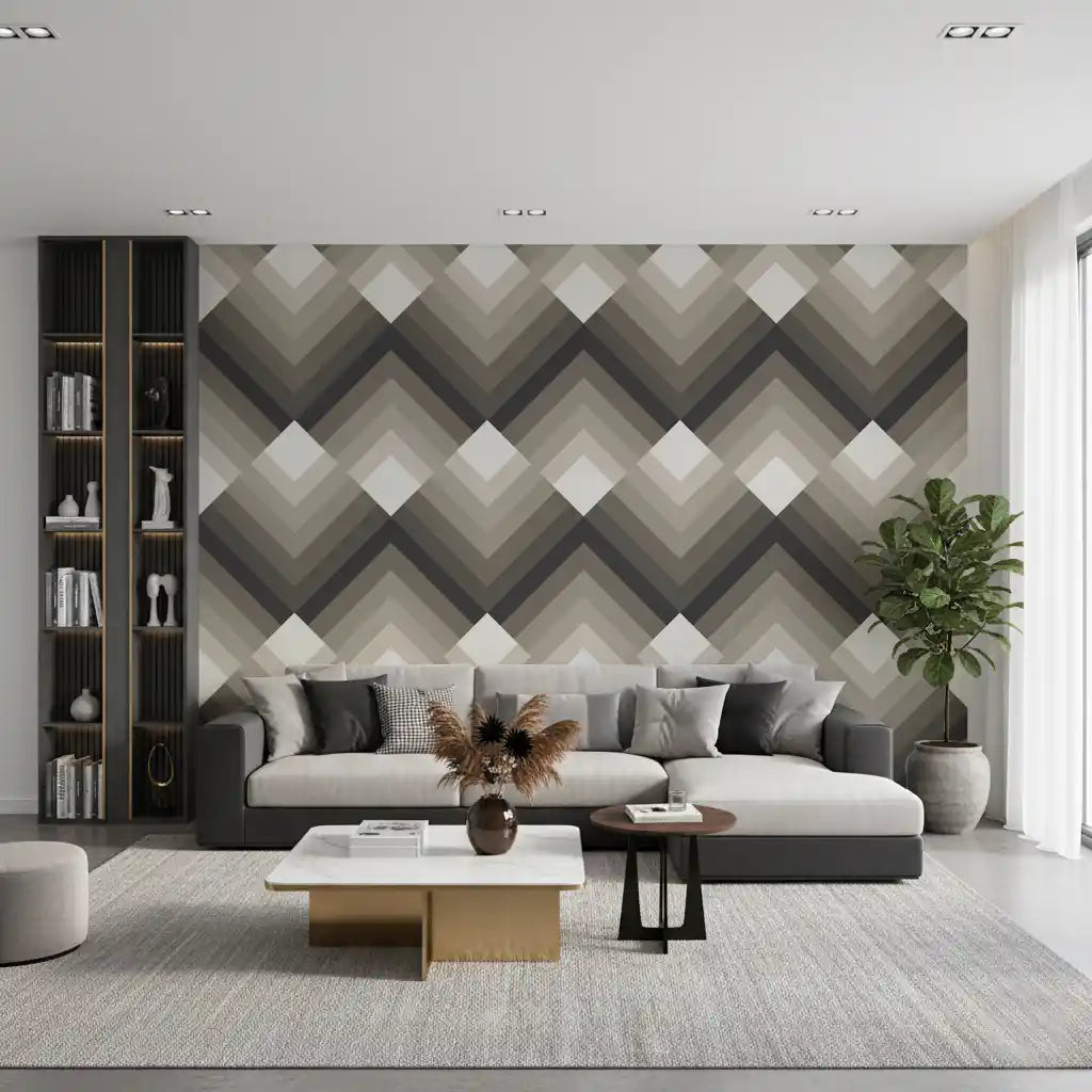 Tonal chevron wallpaper behind a grey sectional sofa and a tall black bookshelf GD12452