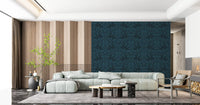 Dark teal leaf wallpaper in a lounge with mint sofa and wood slat divider GD12456