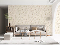 Beige geometric path wallpaper in an arched living room with grey sofa and floor lamp GD12457