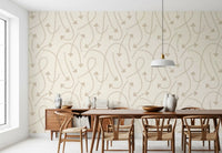 Beige geometric path wallpaper in a dining room with wishbone chairs and pendant light GD12457