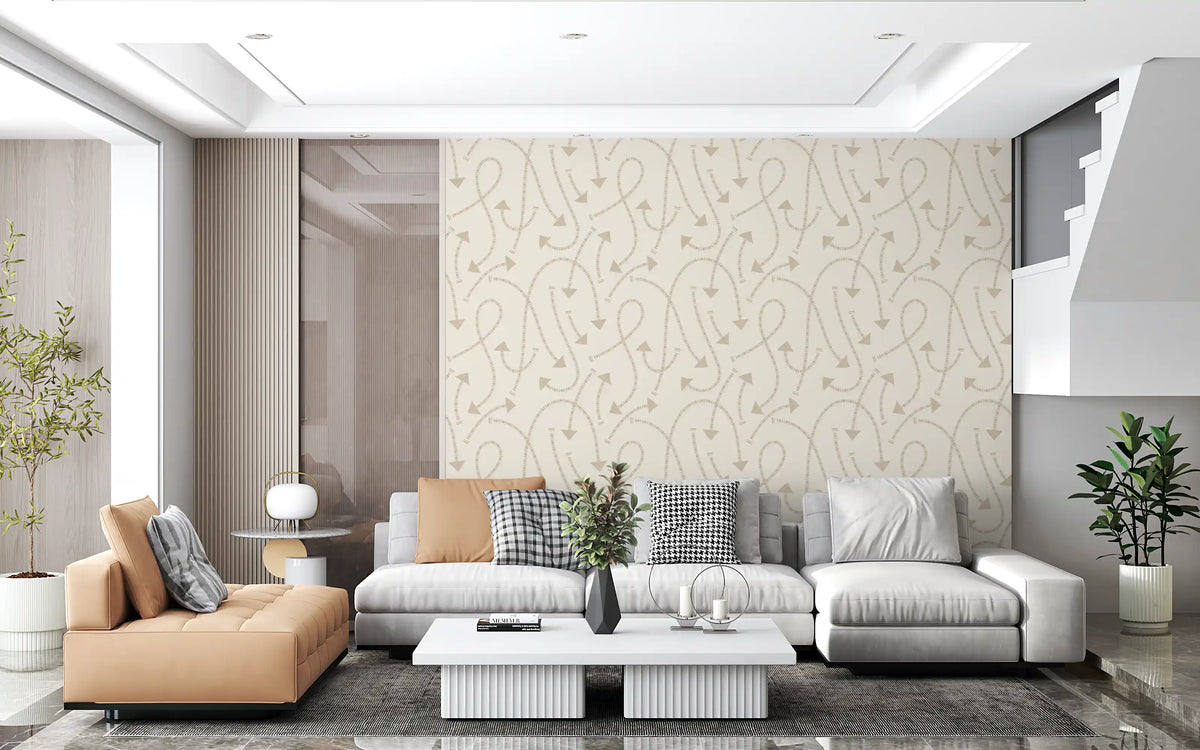 Beige geometric wallpaper in a bright living room with tan and grey sectional GD12457