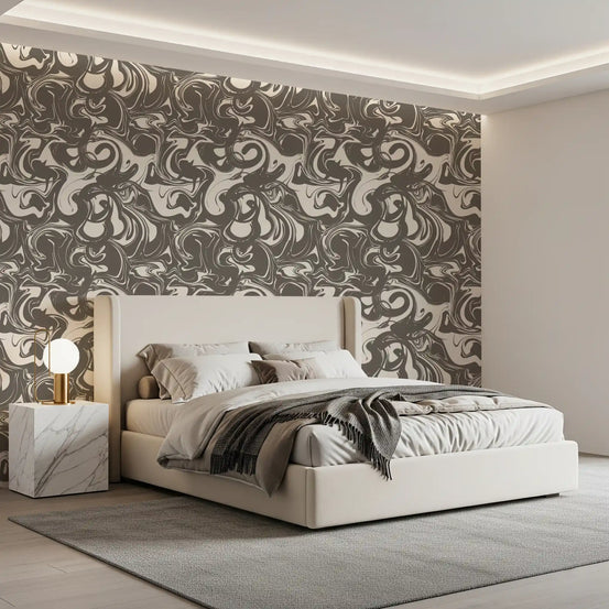 Monochrome liquid marble swirl wallpaper behind a cream bed with a marble nightstand GD12458