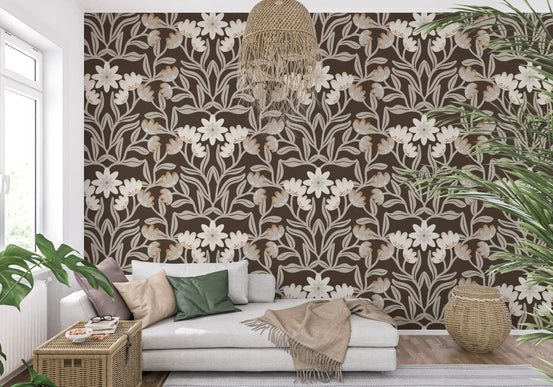 Cream and mocha botanical trellis wallpaper behind a white sofa with a leafy plant GD12459