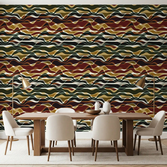 Earthy wavy layered stripes wallpaper in a dining room with a wood table and cream chairs GD12466