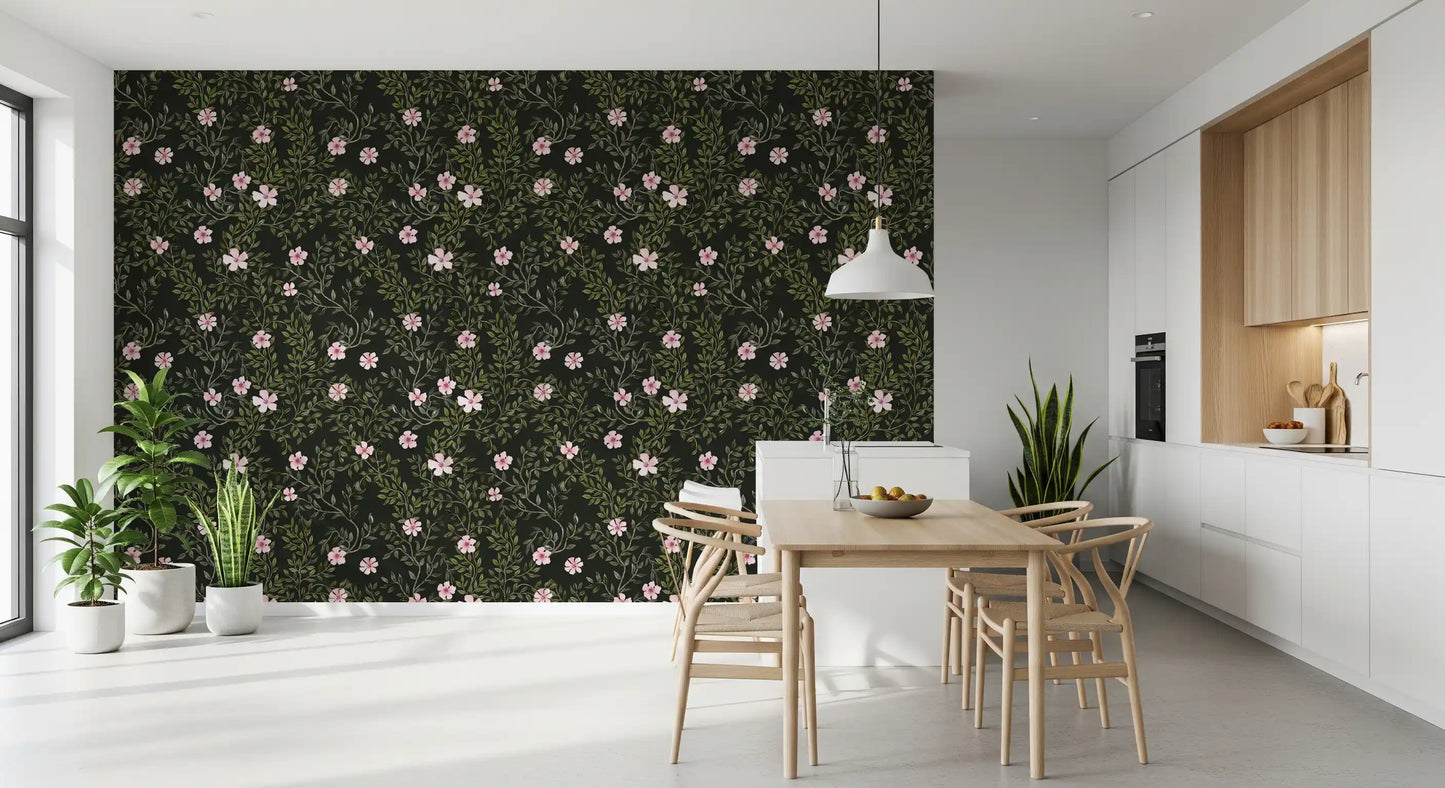 Soft Pink Floral Vines on Charcoal Wallpaper⁠
