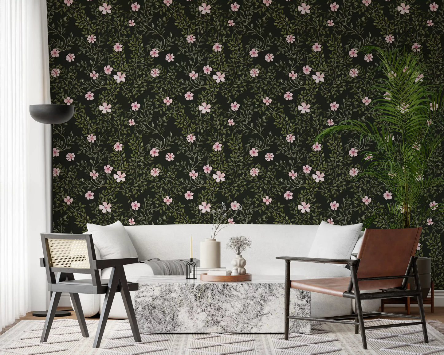 Soft Pink Floral Vines on Charcoal Wallpaper⁠