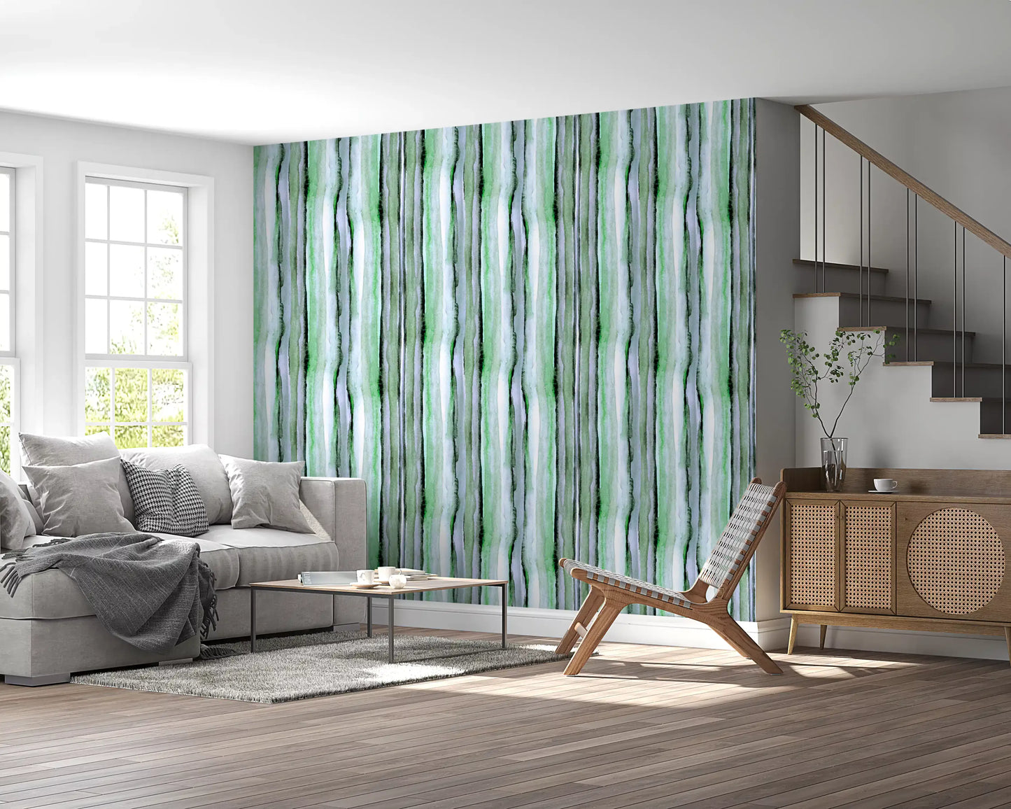 Verdant Watercolor Vertical Stripes Wallpaper⁠