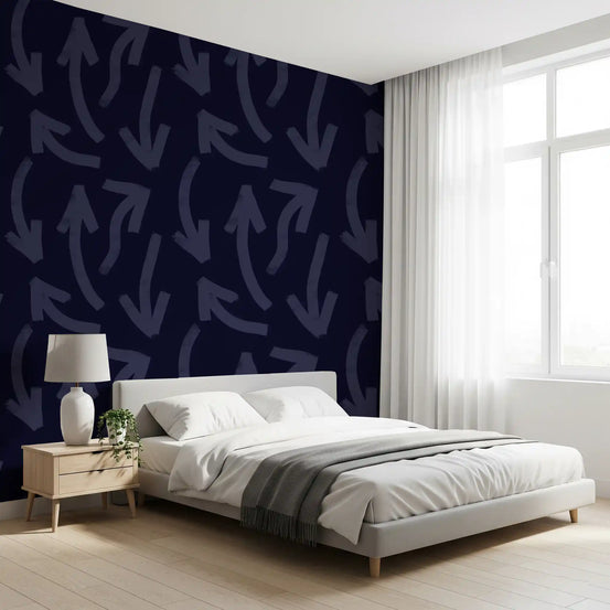 Minimalist navy directional strokes wallpaper behind a wooden bed with a grey runner GD12469