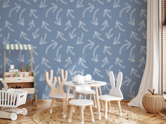 Minimalist scribble arrows muted blue wallpaper in a kids playroom with a toy market stand GD12470