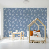 Minimalist scribble arrows muted blue wallpaper in a bright playroom with house-frame bed GD12470