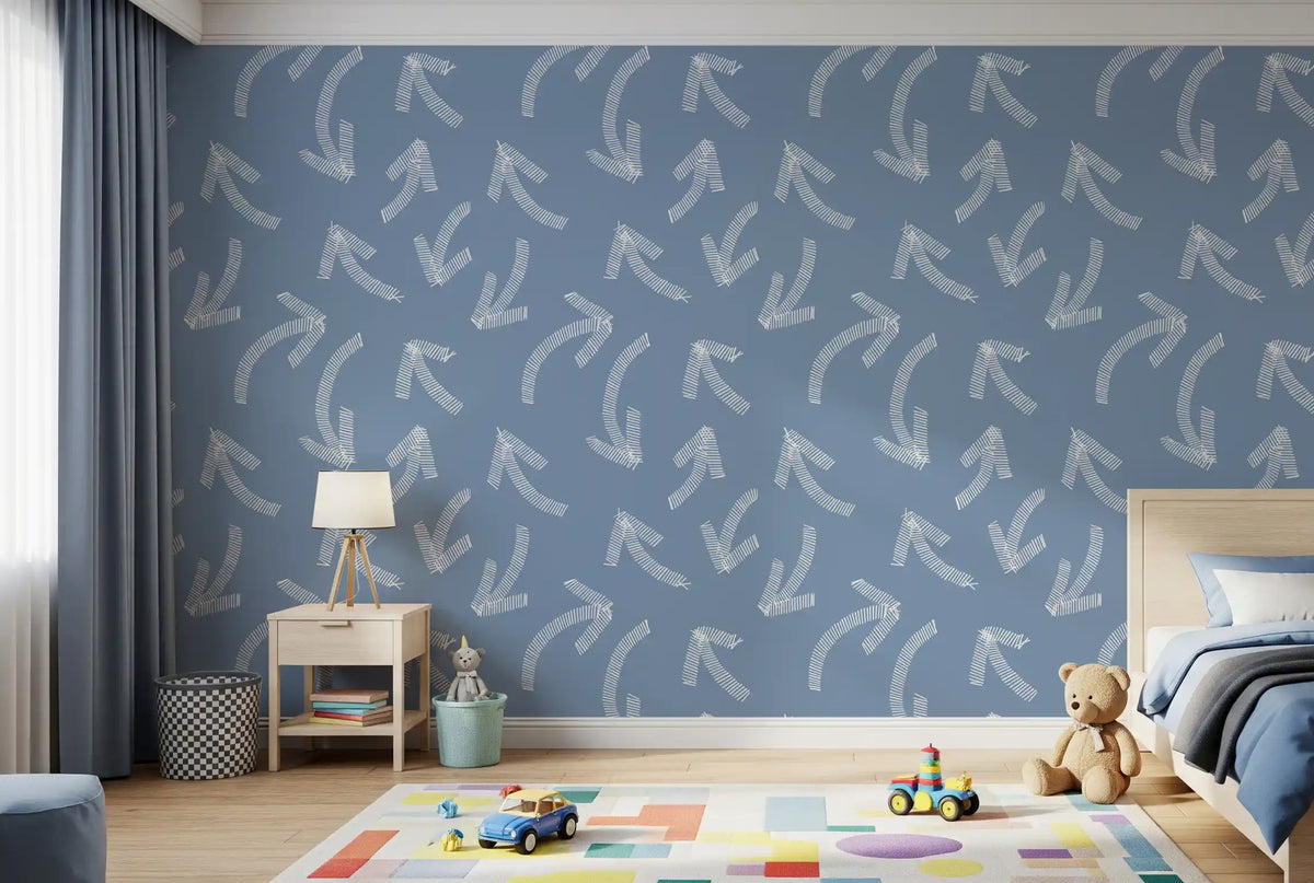 Minimalist scribble arrows muted blue wallpaper in a child's room with toy car play rug GD12470