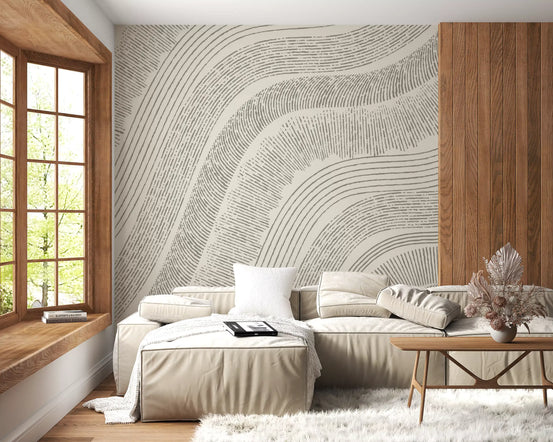 Minimalist flowing line etching wall mural behind a beige sofa with wood window trim GD12473