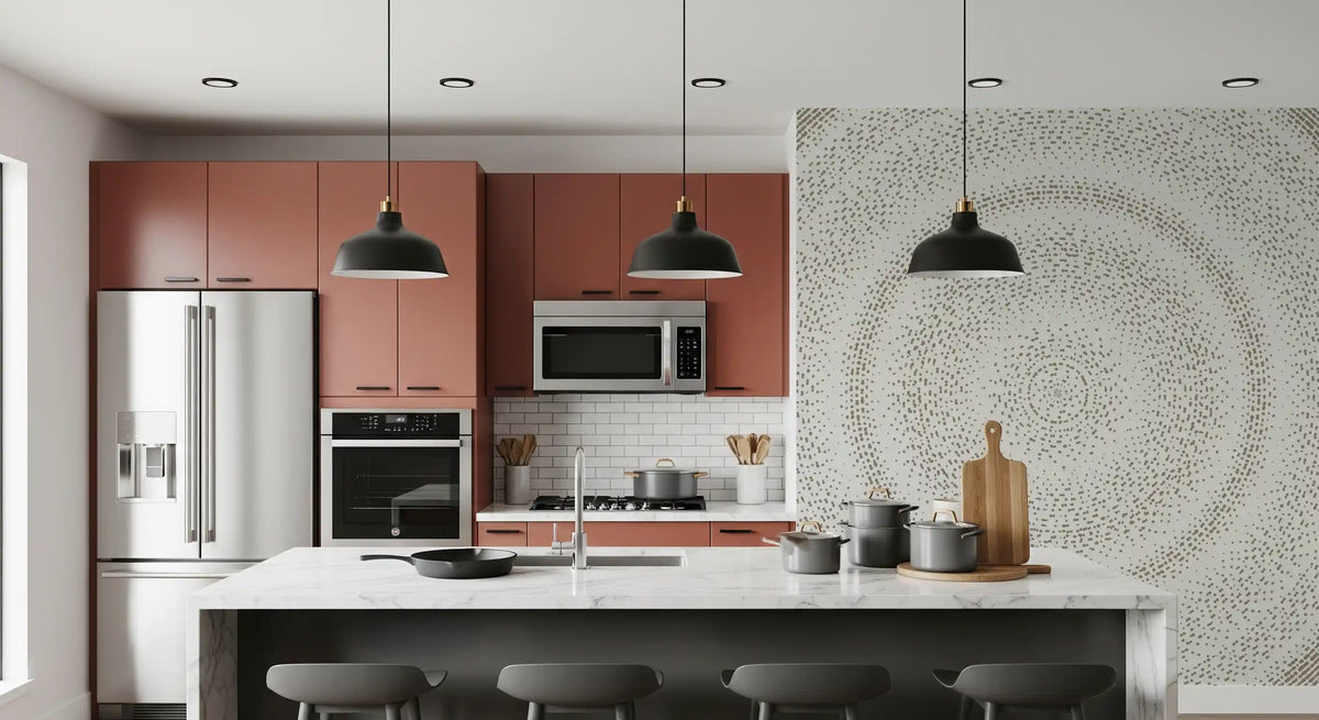 Dot ripple wall mural in a kitchen with terracotta cabinets and black bar stools GD12474