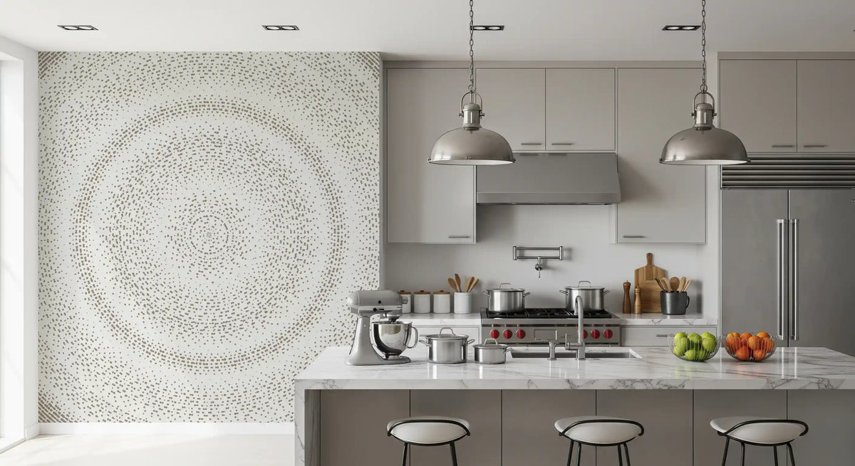 Dot ripple pattern mural in a grey kitchen with marble island and steel pendants GD12474