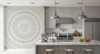 Dot ripple pattern mural in a grey kitchen with marble island and steel pendants GD12474