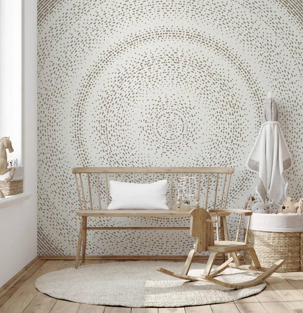 Minimalist dot ripple mural in a nursery with wooden bench and rocking horse GD12474