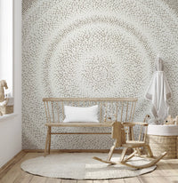 Minimalist dot ripple mural in a nursery with wooden bench and rocking horse GD12474
