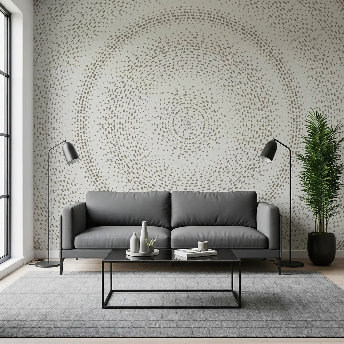 Dot ripple wall mural behind a grey sofa with floor lamp and potted plant GD12474