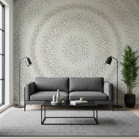 Dot ripple wall mural behind a grey sofa with floor lamp and potted plant GD12474