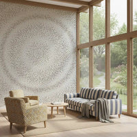 Minimalist dot ripple mural behind a striped sofa by large garden windows GD12474