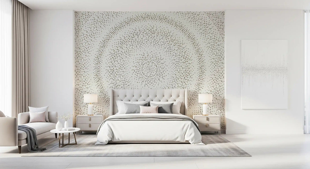 Dot ripple pattern mural above a cream upholstered bed with bedside lamps GD12474