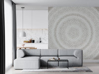 Minimalist dot ripple wall mural behind a grey sofa in an open-plan living room GD12474