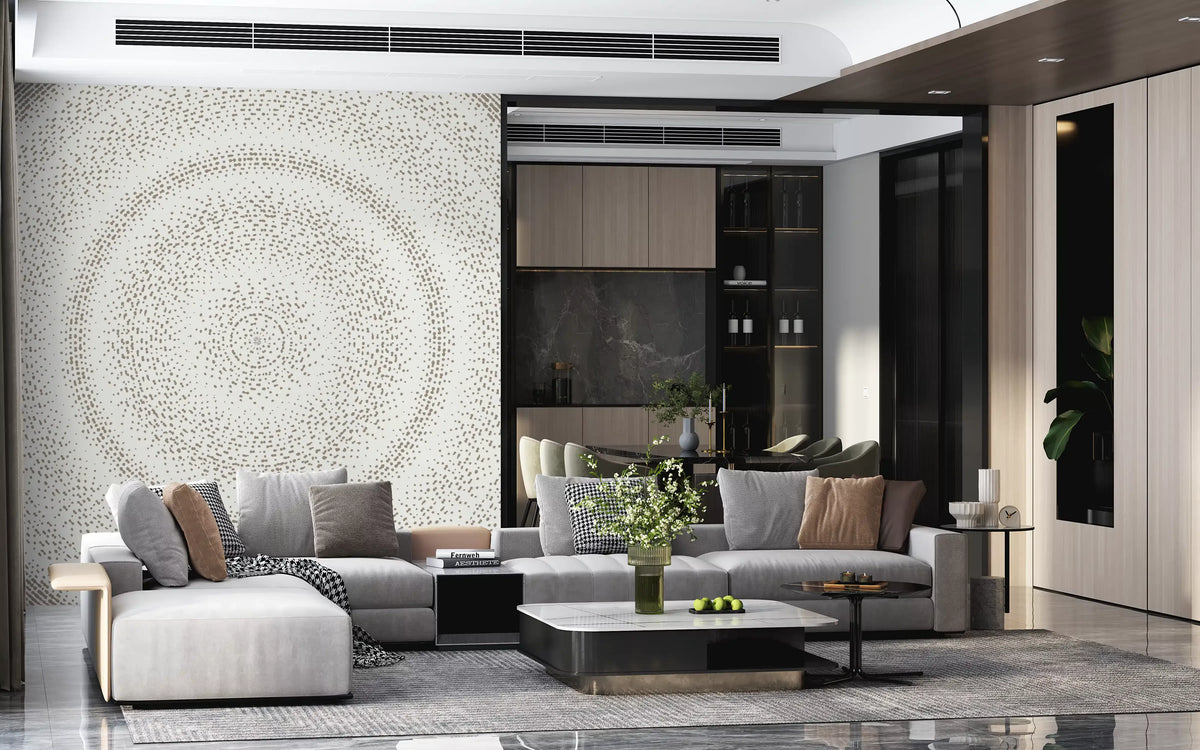 Minimalist dot ripple mural in a living room with grey sectional and dark kitchen GD12474