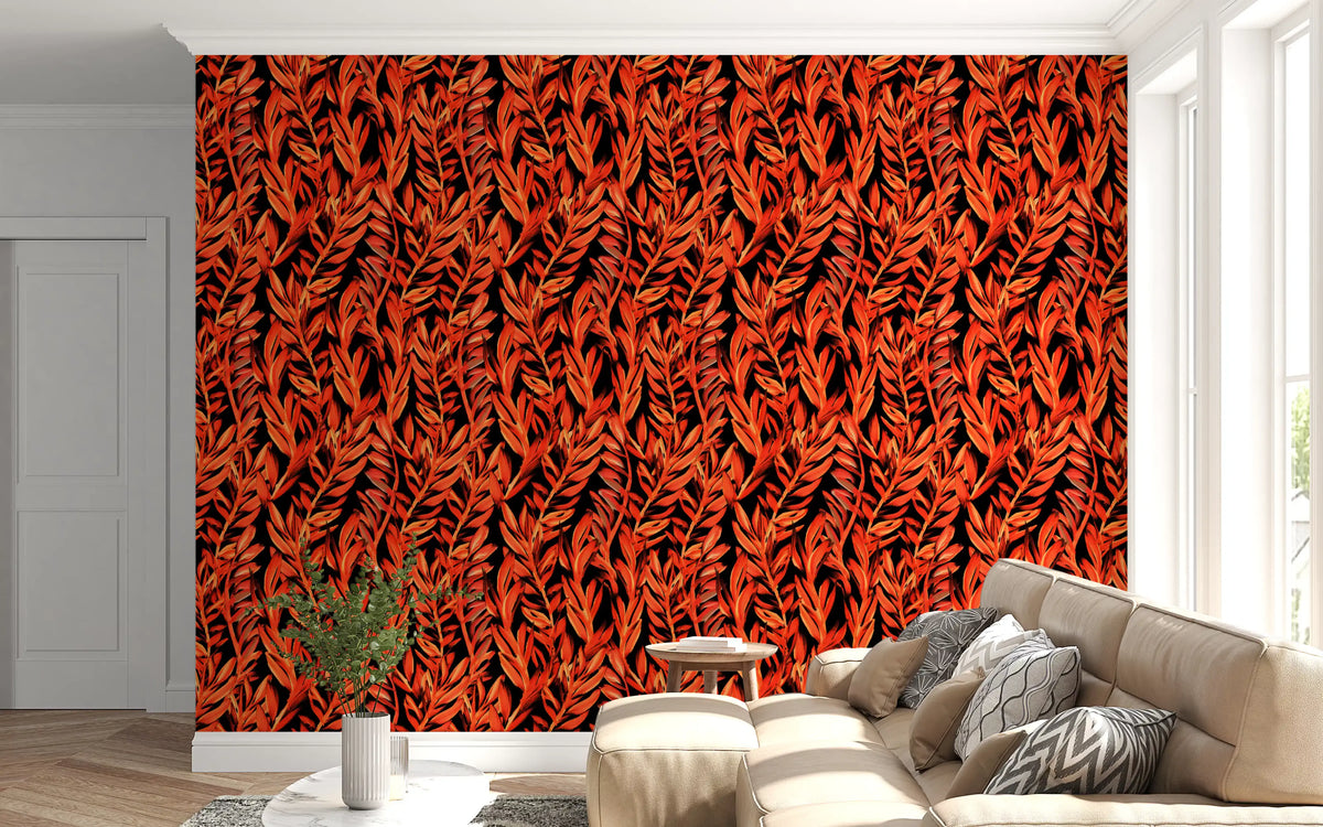 Tropical fronds wallpaper behind a cream sectional sofa by a bright window GD12477