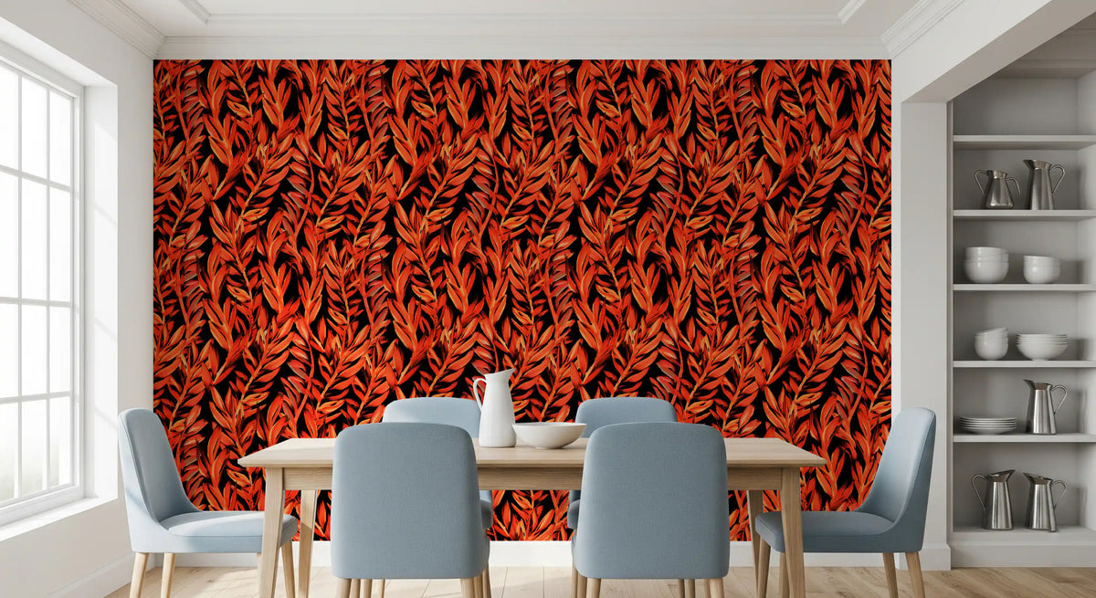 Tropical fronds wallpaper in a dining room with blue chairs and white shelving GD12477