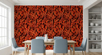 Tropical fronds wallpaper in a dining room with blue chairs and white shelving GD12477