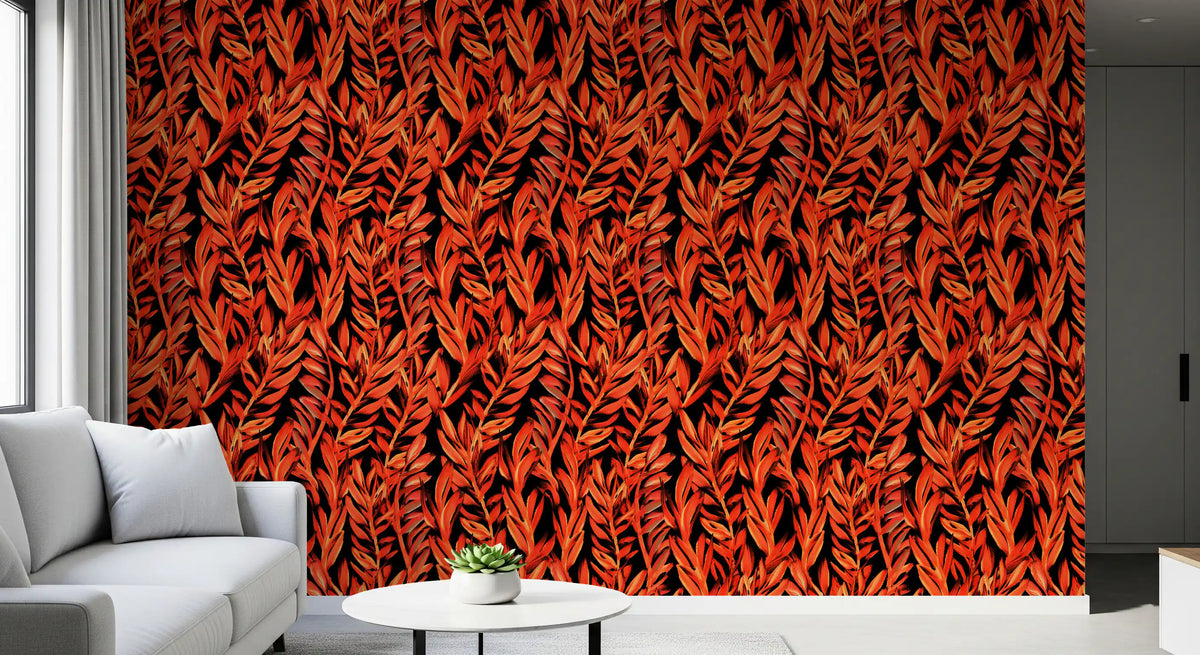 Tropical fronds wallpaper behind a grey sofa with a black round side table GD12477