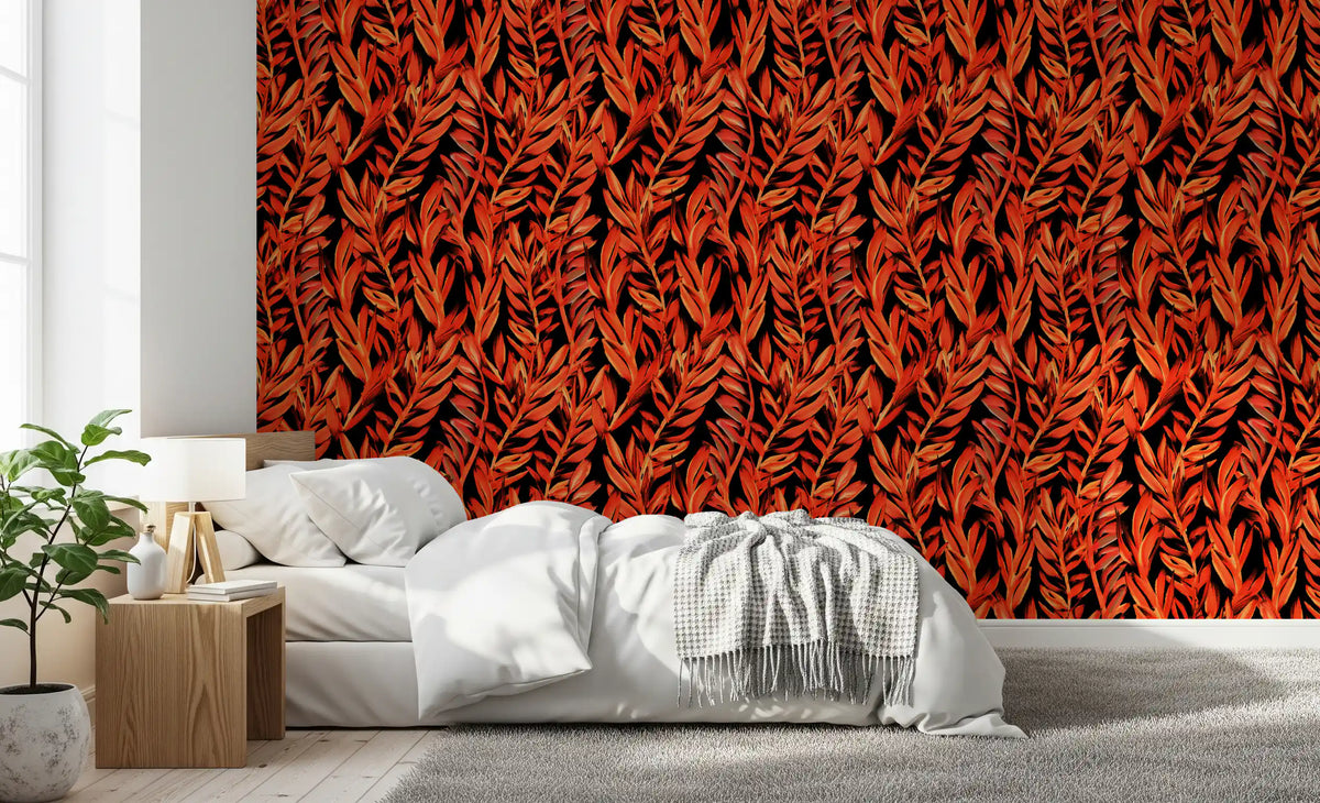 Fiery painted fronds wallpaper behind a white bed with wood nightstand GD12477