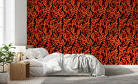 Fiery painted fronds wallpaper behind a white bed with wood nightstand GD12477