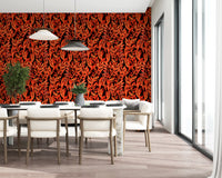 Fiery tropical fronds wallpaper in a dining room with white chairs and pendants GD12477
