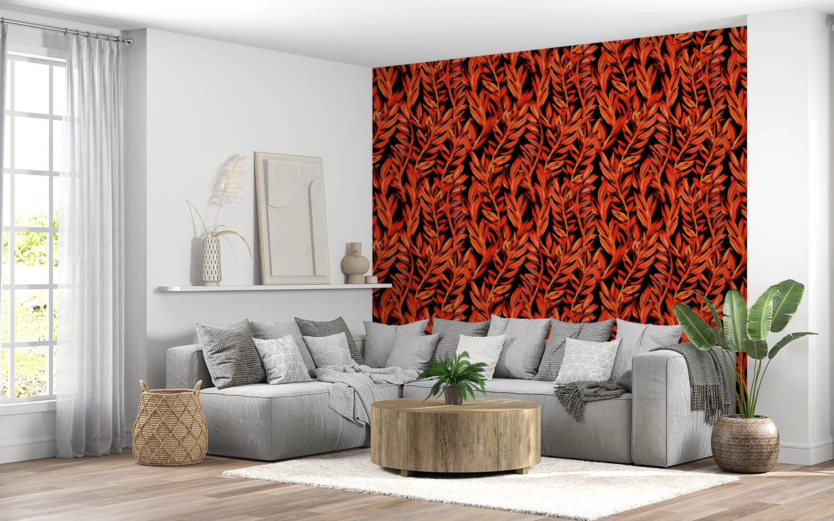 Tropical fronds wallpaper in a living room with grey sectional and fireplace GD12477