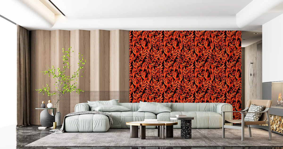 Fiery painted fronds wallpaper behind a mint sofa with a wood slat divider GD12477