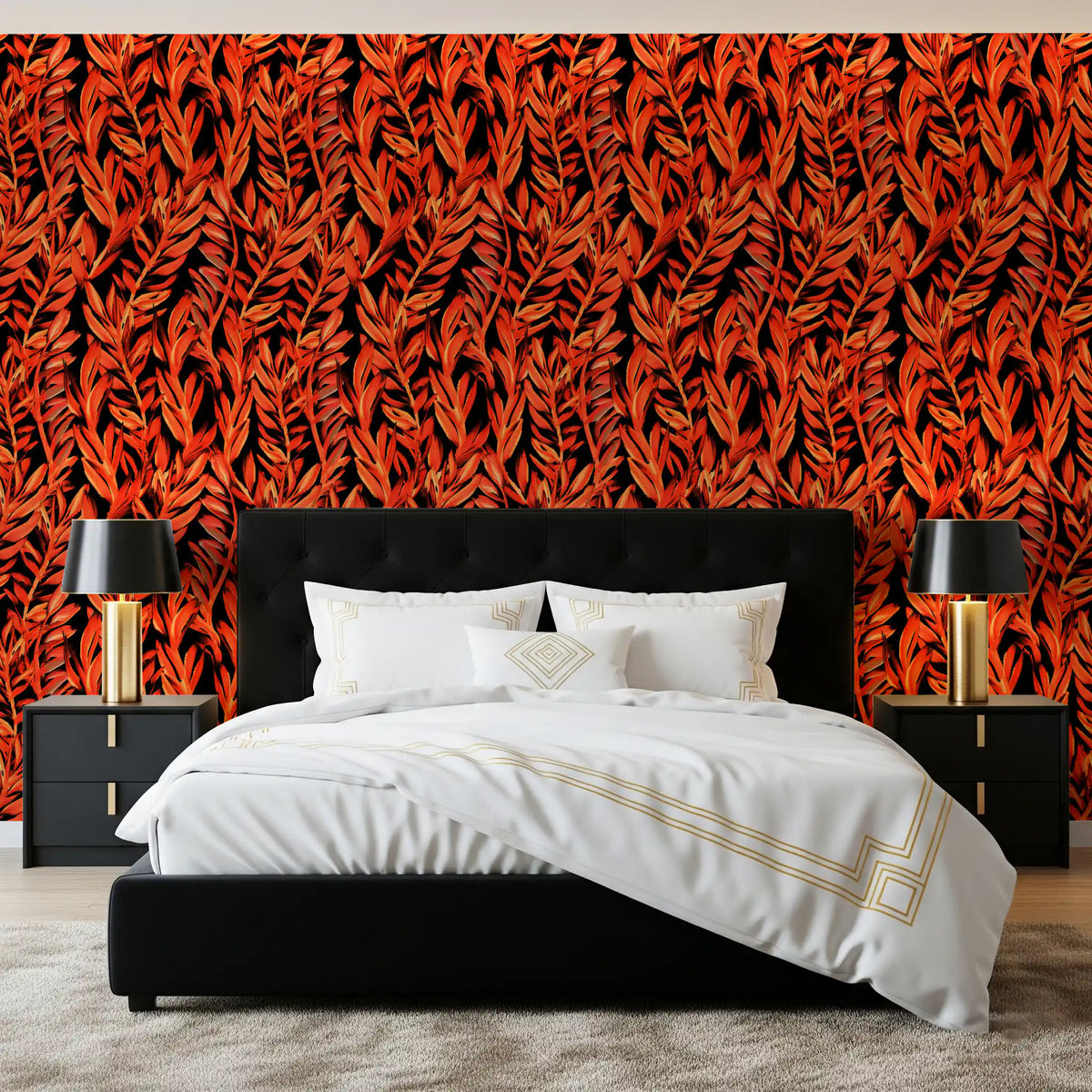 Fiery tropical fronds wallpaper behind a black bed with white bedding and gold lamps GD12477