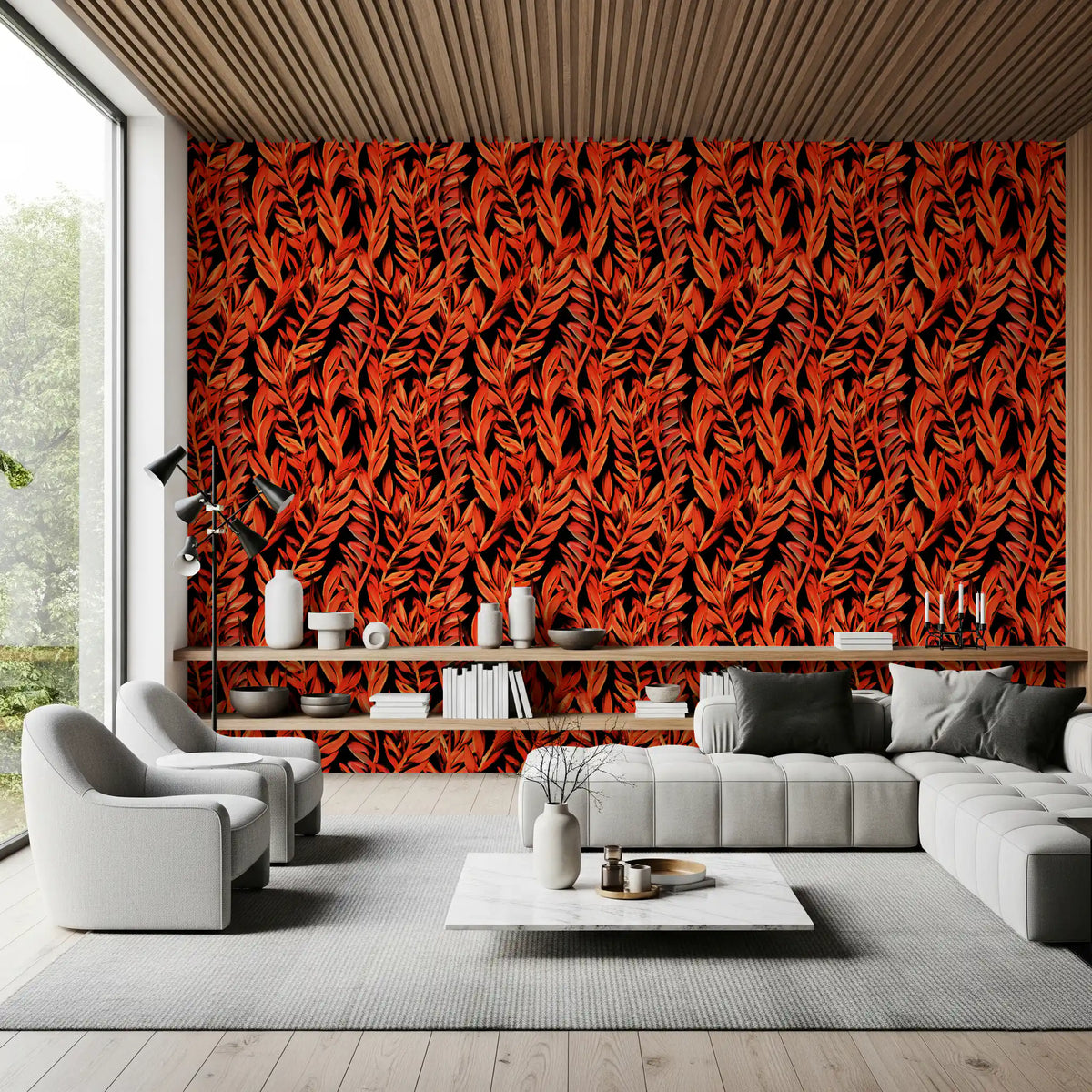 Tropical fronds wallpaper behind a grey modular sofa under a wood slat ceiling GD12477
